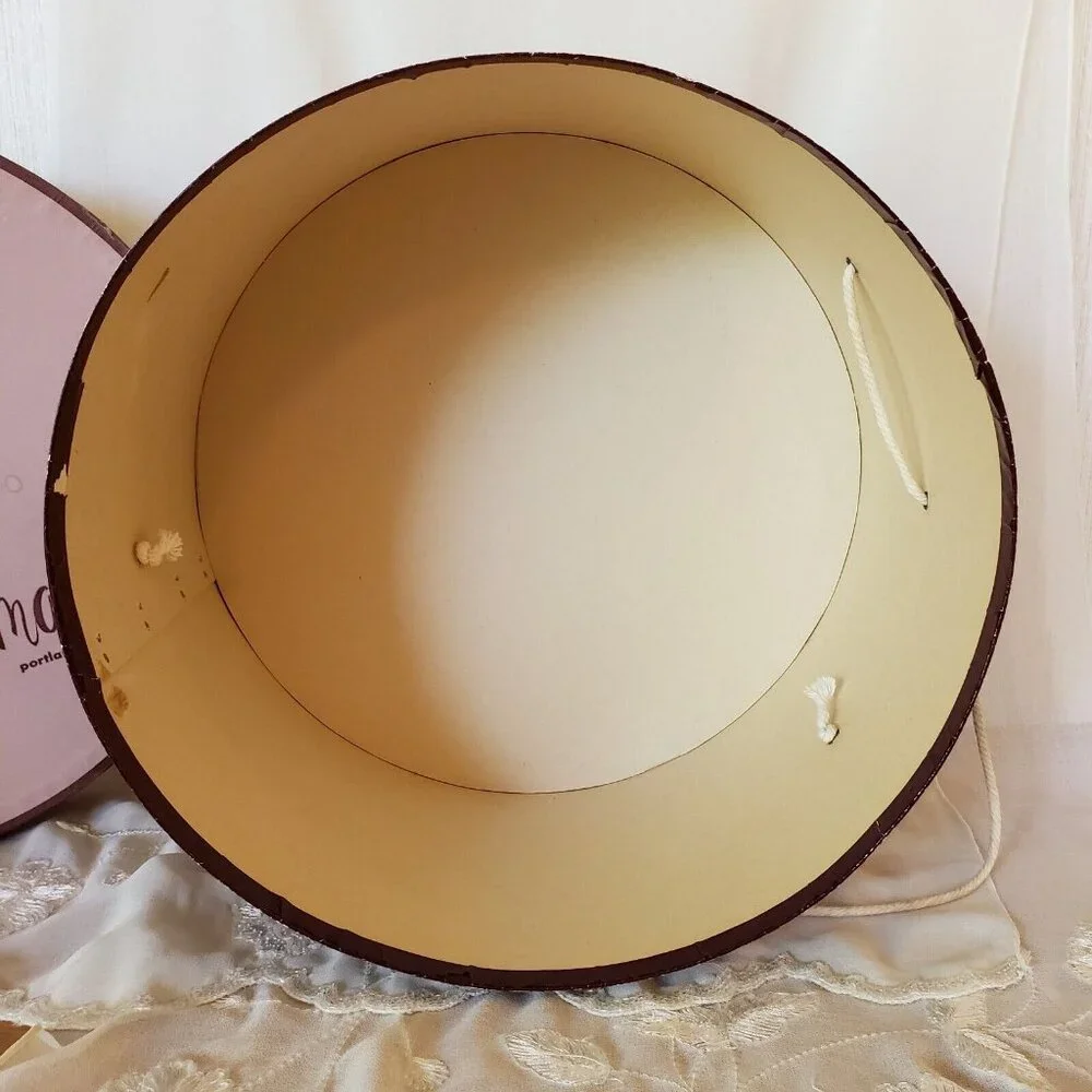 Vintage Hat Box Lipman's of Portland Large Round Pink Burgundy Cord Handle 50s